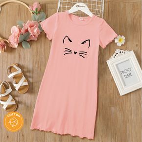 Kid Girl 100% Cotton Cat Print Lettuce Trim Short-sleeve Pink Dress