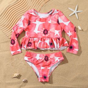 2pcs Toddler Girl Floral Print Long-sleeve Top and Briefs Swimsuit Set