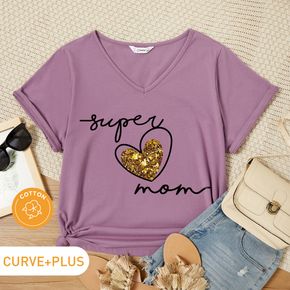 Women Plus Size Graphic Heart and Letter Print V Neck Short-sleeve Tee