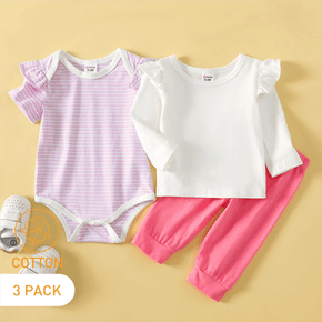 3-Pack Baby Cotton Solid Color & Striped Romper Tee Pants Set
