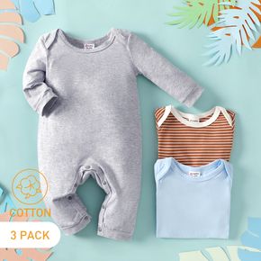 3-Pack Baby Cotton Solid Color  & Striped Romper Jumpsuit Set