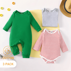 3-Pack Baby Cotton Solid Color  & Striped Romper Jumpsuit Set