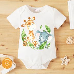 100% Cotton Baby Boy/Girl Cartoon Giraffe and Elephant Print White Short-sleeve Romper