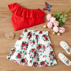 2pcs Kid Girl Flounce Sleeveless One Shoulder Tank Top and Floral Print Skirt Set