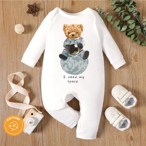 Baby Boy 95% Cotton Long-sleeve Outer Space Astronaut Teddy Bear Print White Jumpsuit