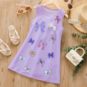 Kid Girl Bowknot Print Mesh Design Sleeveless Purple Dress