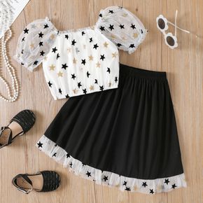 2pcs Kid Girl Square Neck Star Design Short Puff-sleeve Mesh Blouse and Elasticized Skirt Set