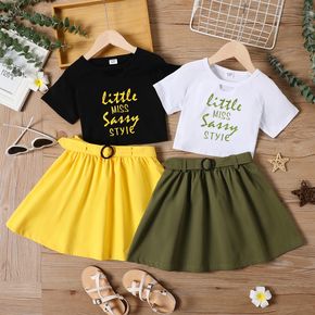 2pcs Kid Girl Letter Print Short-sleeve Crop Tee and Belted Skirt Set