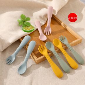 Long Handle Silicone Spoon & Fork Set BPA-Free Safety Non-toxic Toddler Self-Feeding Training Utensils Tableware