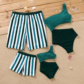 Family Matching Colorblock Splicing One-Piece One Shoulder Swimsuit and Striped Swim Trunks Shorts