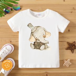Toddler Boy Playful Animal Elephant Print Short-sleeve White Tee