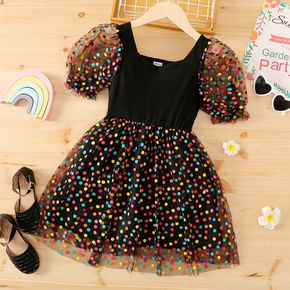 Kid Girl Colorful Polka dots Square Neck Mesh Splice Short-sleeve Dress
