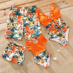 Family Matching Orange and All Over Tropical Plant Print Splicing Ruffle One-Piece Swimsuit and Swim Trunks Shorts
