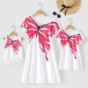 Butterfly Print White Round Neck Short-sleeve Loose-fit T-shirt Dress for Mom and Me