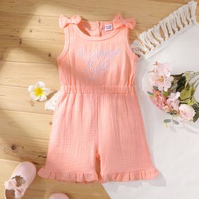 Toddler Girl 100% Cotton Letter Embroidered Button Bowknot Design Ruffled Sleeveless Pink Rompers