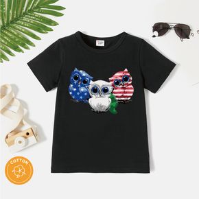 Kurzarm-T-Shirt aus schwarzer Baumwolle für den Unabhängigkeitstag, Junge, Tier, Eulendruck