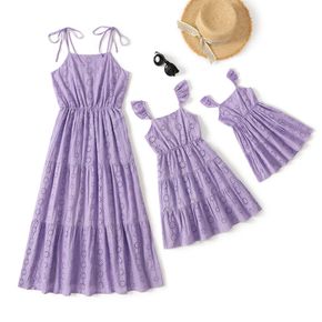 100% Cotton Purple Hollow Out Floral Embroidered Spaghetti Strap Tiered Dress for Mom and Me