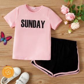 2pcs Kid Girl Letter Print Short-sleeve Pink Tee and Dolphin Shorts Set