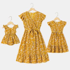 All Over Floral Print Yellow V Neck Ruffle-sleeve Belted Dress for Mom and Me
