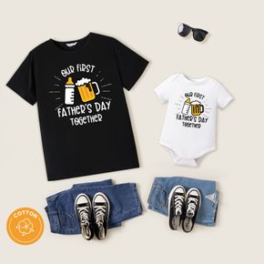 Daddy and Me Milk Bottle Beer Mug and Letter Print Black Cotton Short-sleeve T-shirts