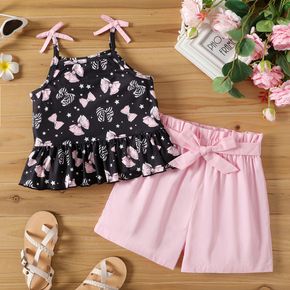 2pcs Kid Girl Bowknot Print Camisole and Belted Pink Paperbag Shorts Set