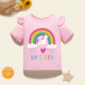 Toddler Girl Graphic Unicorn and Rainbow and Heart Print Ruffled Short-sleeve Tee