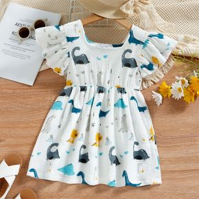 Kleid aus Crêpe mit flatternden Ärmeln für Kleinkinder und Mädchen mit Dinosaurier-Print