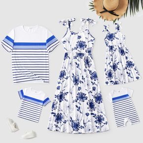 Family Matching All Over Blue Floral Print Tie Shoulder Cami Dresses and Short-sleeve Striped T-shirts Sets