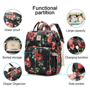 Multifunctional Mommy Bag Backpack Allover Floral Print Large Capacity Waterproof Maternity Outdoor Working Backpack with USB
