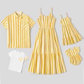 Familie passende gelb gestreifte Cami-Kleider und Kurzarm-Tops-Sets