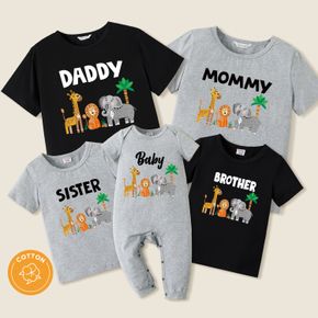 Family Matching Cotton Short-sleeve Cartoon Animals Print and Letter Print T-shirts