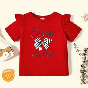 Toddler Graphic Bowknot and Letter Print Ruffled Short-sleeve Tee