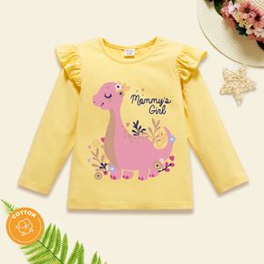 Toddler Girl Graphics Dinosaur and Plant and Letter Print Ruffled Long-sleeve Tee