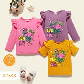 3-Pack Toddler Girl Graphic Flamingo and Plant and Letter Print Ruffled Tee Set