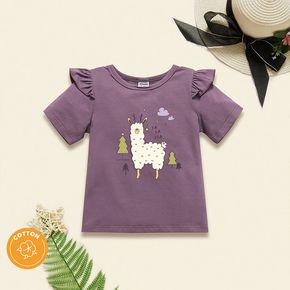 Toddler Girl Graphic Forest and Alpaca Print Ruffled Short-sleeve Tee