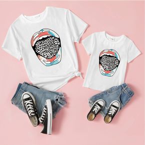 Leopard Tongue & Lips Print White Short-sleeve T-shirts for Mom and Me