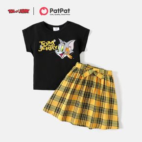 Tom and Jerry 2pcs Kid Girl Letter Print Short-sleeve Black Tee and Bowknot Button Design Plaid Skirt Set
