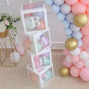 3-pack/4-pack Baby Shower Boxes Party Decoration Transparent Balloons Boxes with Letters Individual Clear Blocks for Gender Reveal Bridal Showers