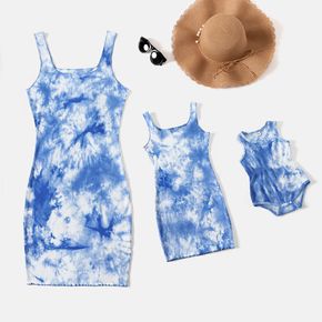 100% Cotton Blue Tie Dye Ribbed Notch Neck Bodycon Tank Dress for Mom and Me