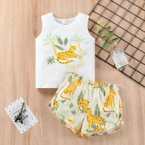 Full Of Vitality Toddler Boy Leopard and Coconut Tree Print Sleeveless White Tank Top and Yellow Shorts Set