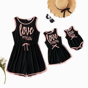 Letter Print Black Tank Romper Shorts for Mom and Me