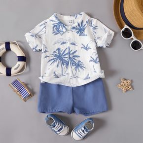100% Cotton 2pcs Baby Boy Allover Coconut Tree Print Short-sleeve Button Up Shirt and Solid Shorts Set