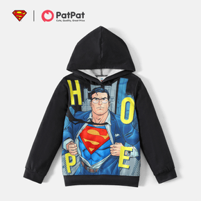 Superman Kid Boy Letter Figure Print Black Hooded Sweatshirt