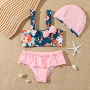 3pcs Toddler Girl Floral Print Tank Top and Ruffled Briefs and Cap Swimsuit Set