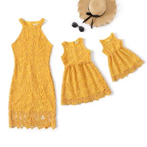 Yellow Hollow Out Lace Sleeveless Bodycon Dress for Mom and Me