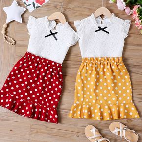 2pcs Kid Girl Lace Bowknot Design Ruffle Collar Flutter-sleeve White Tee and Polka dots Skirt Set