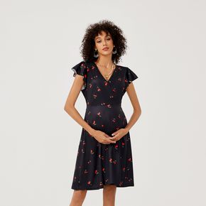 Maternity Cherry Print Ruffle-sleeve Dress