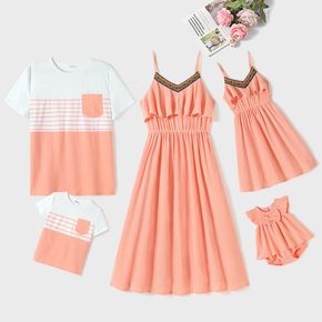 Family Matching 100% Cotton Coral Textured Ruffle Trim Spliced Boho Webbing Cami Dresses and Short-sleeve Striped T-shirts Sets