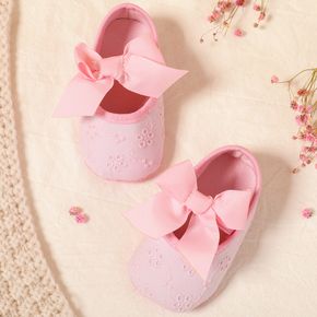 Baby / Toddler Ribbed Bow Decor Pink Embroidered Prewalker Shoes
