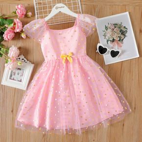 Kid Girl Polka dots Bowknot Design Mesh Short-sleeve Pink Dress